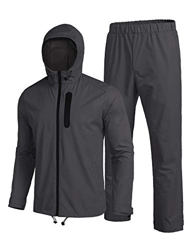 COOFANDY Mens Waterproof Rain Suit With Hood 2 Pieces Lightweight Fishing Camping Rain Jacket (X-Large, Dark Grey)