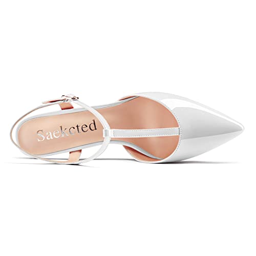 Saekcted Women Low Kitten Heel Pointed Toe T-Strap Ankle Strap Pumps Classic Cute Dress 1.4 Inches Heels4