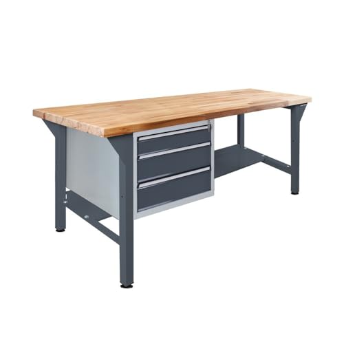 Steinbock Werkbank mit 3 Schubladen | 500 kg Tragkraft | HxBxT 85 x 200 x 75 cm | Anthrazitgrau | 5 cm Starke geölte Massivholz-Arbeitsplatte | stabiles Stahlgestell | Made in EU | Werktisch
