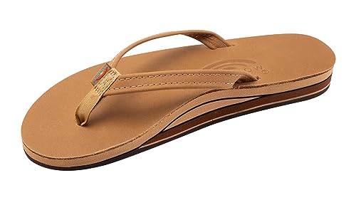 Rainbow Sandals Women's Double Layer, Narrow Strap, Leather Sandals w/Arch, Cafe, Medium, 6.5-7.5 B(M) US
