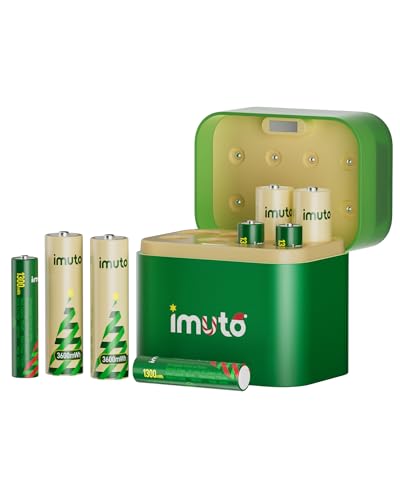imuto Piles Rechargeables AA×4 et AAA×4 Lithium avec Chargeur Hybride, 1,5V Pile Triple A et Double A (3a), Batterie Li-ION Longue durée avec Coffret de Chargeur Hybride Ni-MH/Lithium (Édition Noël)