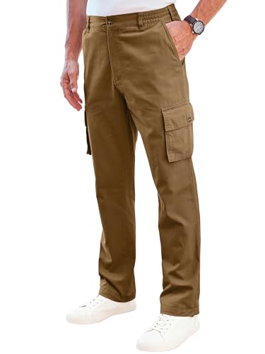 PLEPAN Men's Brown Cargo Pants Casual Cotton Elastic Waist Regular Fit Stretch Twill Work Pants with 6 Pockets Medium