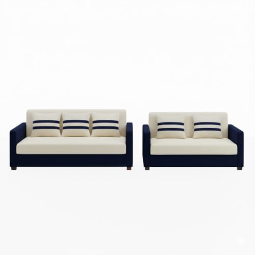 Image of FURNY Lifestylio 5 Seater Fabric 3+2 Sofa Set (Cream-Dark Blue) Premium Velvet Finish | Ideal for Living Rooms, Offices