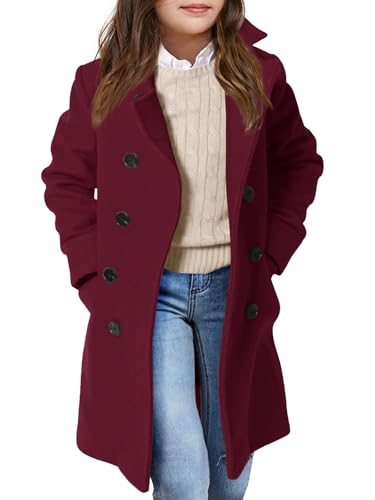 Haloumoning Girls Double Breasted Trench Coat Kids Notch Lapel Long Peacoat with Pockets 5-14 Years
