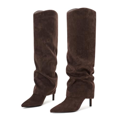Image of Vaslemuse Womens Fold Over Knee High Boots Pointed Toe Sexy Slouch Boots