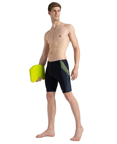 Image of Speedo Men Endurance10 Tech Print Placement Panel Jammer - True Navy, Hyper Yellow & Dark Teal