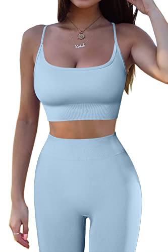 QINSEN 2-teiliges Workout-Outfits, Sport-BH, nahtlose Leggings, Yoga, Fitnessstudio, Activewear Set, blau, Medium Cover