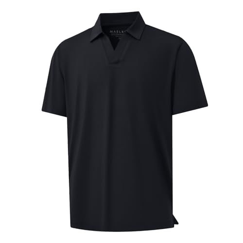 M MAELREG Golf Shirts for Men Dry Fit V-Neck Quick Dry Casual Moisture Wicking Solid Mens Polo Shirt Short Sleeve Black