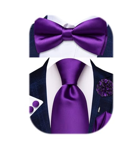 Image of Hi-Tie 5Pcs Mens Solid Color Silk Tie Satin Pretied Bowtie Lapel Pin for Men Handkerchief Cufflink Wedding Gift Box
