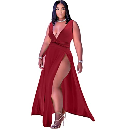 Ekaliy Plus Size Deep V Neck Maxi Wrap Dress
