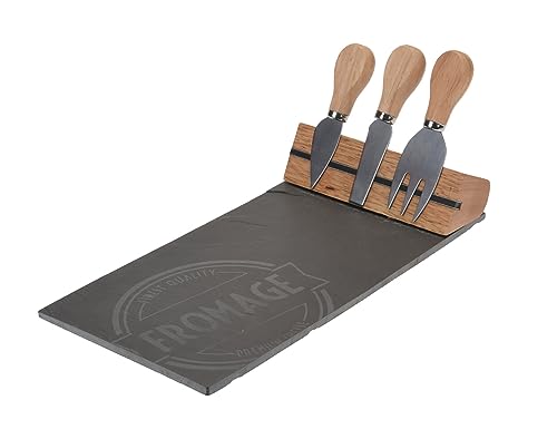 Lot de 4 plateaux à fromage en ardoise et bambou - 30 x 15 cm - Plateau de service avec couverts et support magnétique - Plateau en ardoise - Planche à fromage avec couteau à fromage - Convient à un