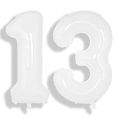 Image of SUWEN 40 Inch White Large 13 Balloon Number Big Foil Helium Numbers 0-9 | Giant Jumbo Happy 13th Birthday Party Decorations for Men or Women Huge Mylar 31 Anniversary Party Supplies