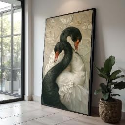 Tableau cygnes noirs et blancs pour habiller un petit mur - Toile oiseaux florale 21x30 cm