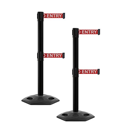 CCW Series WBB-200D - Set of 2 Retractable Dual Belt Barrier Stanchion, Heavy Duty Rubber Base, Black Post (11 Foot Belt, Red with