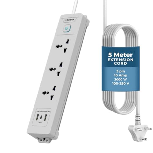 Image of Embox 5 Meter Extension Board with USB Type C | Extension Board with Switches 3 Universal Sockets Spike Guard | LED Indicator 2000W Extension Cord