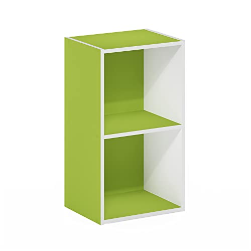 Image of Furinno PASIR Book Shelf, 2-Tier Modern Bookshelf, Open Shelves Bookcase 9 x 12 x 21, Easy Assembly, for Living Room, Bedroom, Home Office, Green /White
