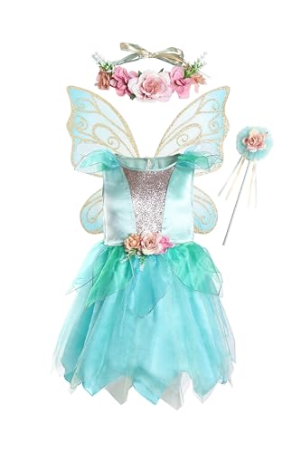 DJDLPARTY Green Fairy Costume for Girls with Fairy Dress Flower Headband and Butterfly Wing Toddler Kids Halloween Costumes for Birthday Halloween Cosplay 5-6Y