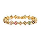Generic Rainbow & Clover Zircon Unisex Bracelet, Crystal Flower Design, Fashion-Forward Accessory (Gold), 7.28 inches