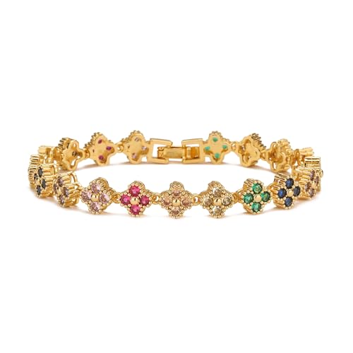 Rainbow & Clover Zircon Unisex Bracelet, Crystal Flower Design, Fashion-Forward Accessory