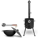 ZARENHOFF Set – Estufa de fuego Utschak Ø 36 cm hierro fundido uzbeko Kazan 10 L base redonda, tapa de aluminio fundido, termómetro, cuchara espumadera para Plov, 48 cmr (292)