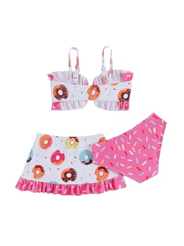 Girl's Swimsuit 3 Piece Cute Bathing Suits Donuts Print Bow Front Bikini Tankini Set with Cover Ups Beach Skirt2