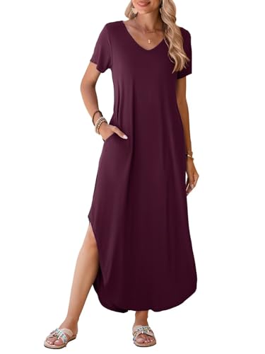 Image of BELAROI Plus Size Maxi Dress for Women Summer Casual V Neck Short Sleeve Long Dress with Pockets Beach Vacation Cover Up
