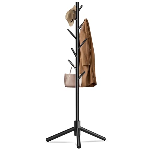 Durable Wooden Coat Rack, Freestanding Coat Rack with Stable Triangular Base, 8 Hooks & 3 Adjustable Heights, Simple Assembly for Bedroom, Hallway, Office(New Black)