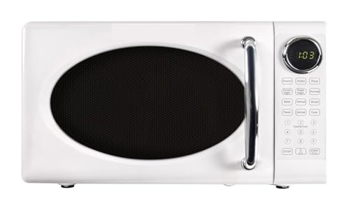 Horno microondas retro de 0,7 pies cúbicos, 700 W con plato giratorio de vidrio, bloqueo for niños, 8 programas de cocción automática, reloj digital - Blanco