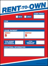 T50REN Rent to Own - Slotted Sale Tags - 5" x 7" (100 Pack) Business Store Signs Price Cards