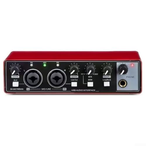 Tarjeta de sonido de interfaz de audio USB, construcción de metal profesional de 48 V, perillas de ganancia de canal y filtro de corte bajo con 2 puertos de micrófono para Studio Live (rojo)