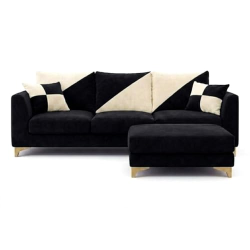 Image of Juliet 4 Seater L Shape Sofa Set with Movable Ottomans | Flexible Layout | Rich Velvet Suede Fabric | Silver Legs | Dual Tone Modern Sofa for Living Room (Black-Cream)
