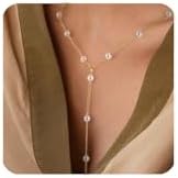 Gold Lariat Necklace for Women Dainty,14k Gold Plated Long Y-Shaped Pendant Necklace Trendy,Gold Layered Pearl Choker Cross Bar CZ Beaded Snake Chain Drop Necklaces Non Tarnish