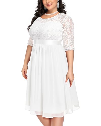 Pinup Fashion Übergröße, Spitze, Chiffon, Hochzeitskleid, Cocktail-Party, Midi-Kleid, Weiß-2, 54 Mehr