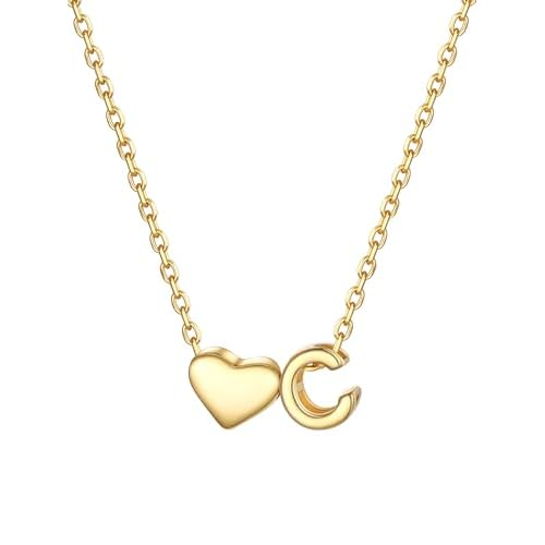PROSILVER Initial Heart Necklace for Women, 925 Sterling Silver Tiny Heart Letter Necklace Siver, Gold Necklace, Come with Box C Gold