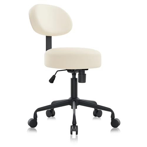 Image of Heavy Duty Extra Wide Thick Cushion Seat Adjustable Height Swivel Rolling Stool with Tiltable Backrest for Clinic, Salon, Tattoo, Office, Bar and Home - NAIA 502B (Vanilla)