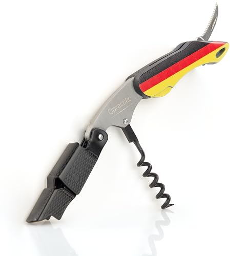 Qpractiko - Sacacorchos Profesional Dos Tiempos | Bandera Alemania | Fácil Apertura | Abridor de Vino | Sacacorchos de Láminas | Cortacápsulas Integrado | Uso Doméstico y Profesional | Acero Inox