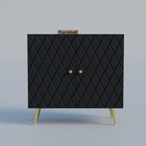 Image of Modern Wooden Storage Cabinet with 2 Doors | Geometric Design Sideboard /Cupboard for Living Room | Multipurpose Organizer for Bedroom & Entryway | HDMR Premium Wood | Gold Metal Legs(Black)
