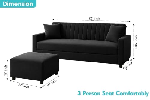 Image of Urban Decor 3 Seater Wooden Sofa Set with Matching Ottoman, Modern Channel Tufted Velvet Fabric Couch for Living Room-Black