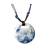 NTIYOU Collar con colgante de cerámica con patrón de loto azul for mujer, accesorio de adorno de collar ajustable redondo de estilo étnico