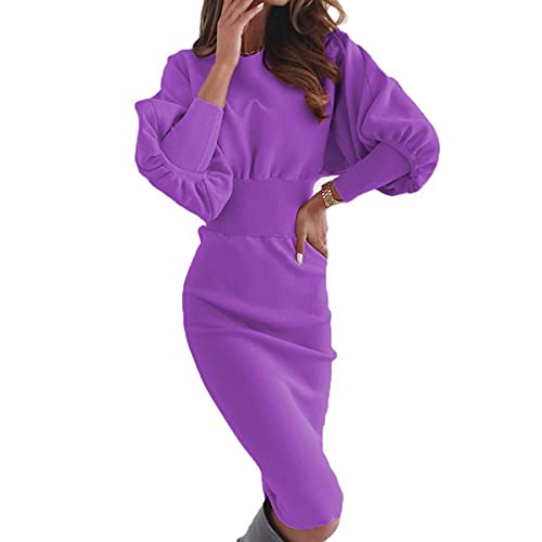 LOKIH Frauen Off Shoulder Slim Midikleid Einfarbig Rundhalsausschnitt Strickpullover Sexy Tasche Hüftkleid Damenbekleidung,Lila,S Cover