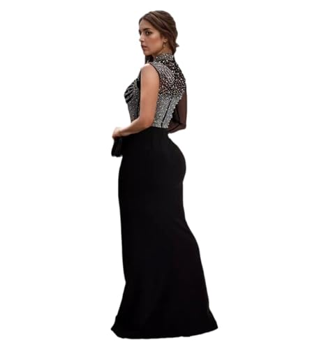 Image of Jigfar Women Sexy Elegant Rhinestone Mesh See Through Party Club Night Split Bodycon Formal Maxi Dress