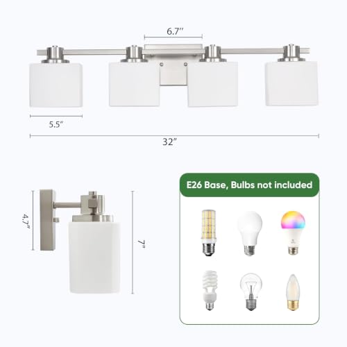 Image of 32 Inch Brushed Nickel Vanity Light for Bathroom 4 Light Bathroom Light Fixtures Over Mirror Milk Glass Makeup Shower Lamp Farmhouse Wall Sconce Modern Desk Vintage Rustic Bath Sink Lighting