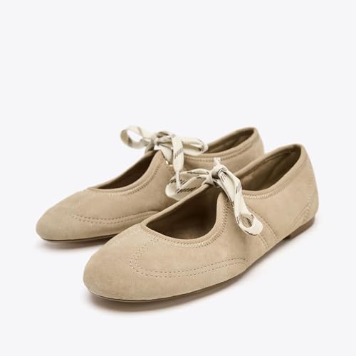 Women's Suede Ballet Flats Round Toe Lace-up Mary Jane Ballerina Shoes Casual Comfortable Dress Flat Shoes4