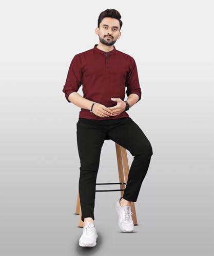 Image of DEEMOON Men's Regular Fit Solid Sprad Collar Casual Shirt with a Trendy Mandarin Collar Crafted from a Premium Cotton Blend