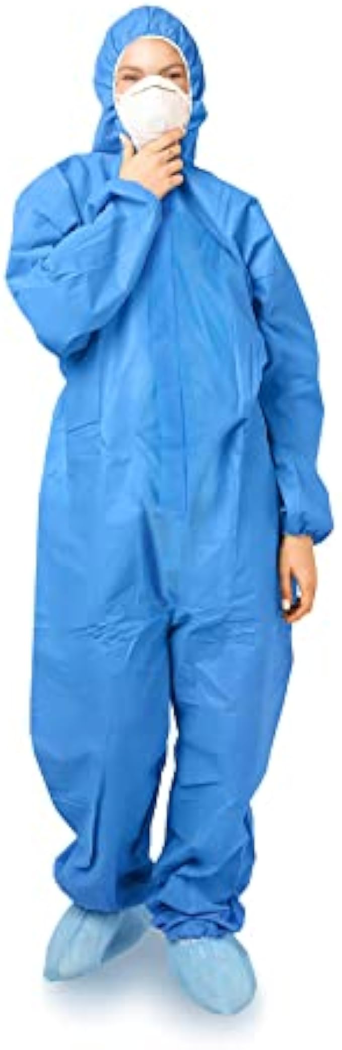 EZGOODZ Blue Coverall with Hood, Elastic Cuffs, Ankles, Waist, Zipper. Medium SMS Industrial Overall. Unisex Disposable PPE Workwear for Cleaning, Painting. Lightweight Full Body Protective Suit.