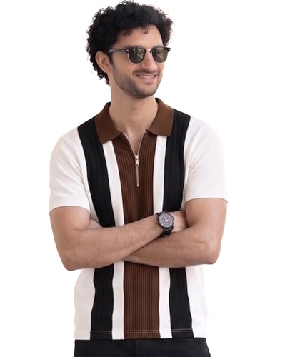 Image of AUSK Men's Zip Collar Polo Tshirt | Cotton Rich Material | Half Sleeves | Modern Knit Panel Work | Regular Fit