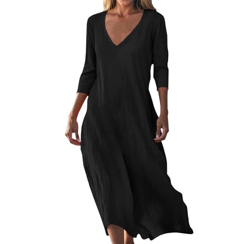 Vestido Maxi Bohemio Mujer de Lino Suave, Cuello en V y Manga 3/4, Vestido Largo Casual Estilo Retro Hippie para Primavera Verano, Estampado Étnico Geométrico, Tallas Grandes, Chic y Transpirable