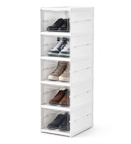 Image of RAYMOX 5 Tier Collapsible Shoe Rack with Door | Heavy Duty Plastic Sneaker Crates | Transparent Shoe Boxes | Sneaker Shoe Stand | Organiser for Heels, Boots, Loafers, Slippers