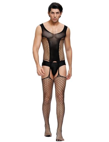 Bodystocking Ouvert für Herren Sexy Overalls Fishnet Catsuit Offen im Schritt Große Größen Kleidung Sissy Dessous Männer Ganzkörper Rave...