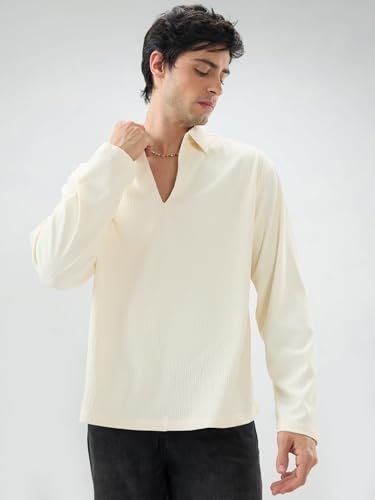 Image of VASTRADO Pastel Cream Precision Rib Striped Oversized Polo Knitted Shirt